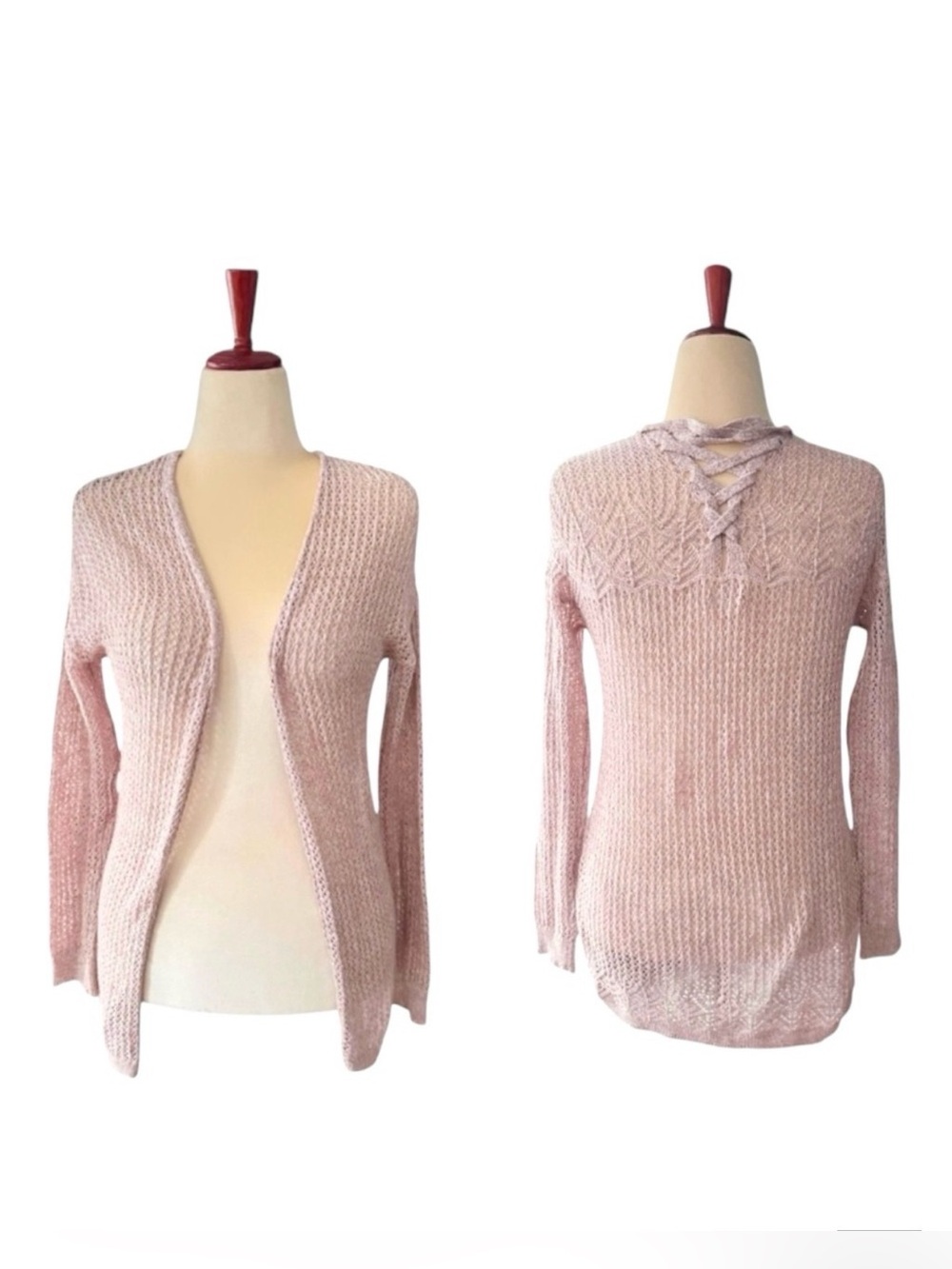 Women’s Light Pink Crochet Loose Knit Open Front Cardigan Sweater Size Medium